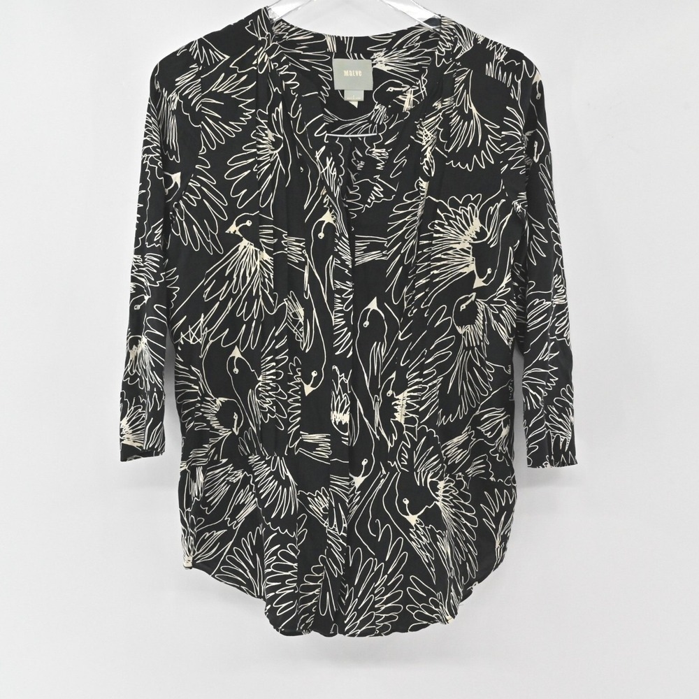 ANTHROPOLOGIE Maeve Bird Print Womens Top Size 2 Novelty Pleated‎ Pintuck Blouse